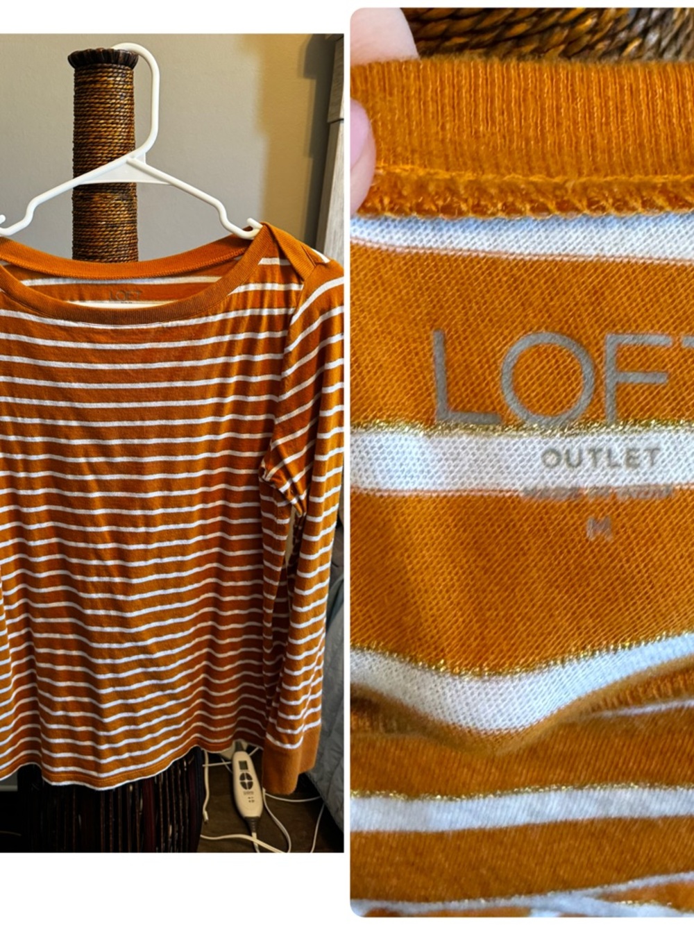 LOFT Striped Mustard and White Crewneck Long Sleeve